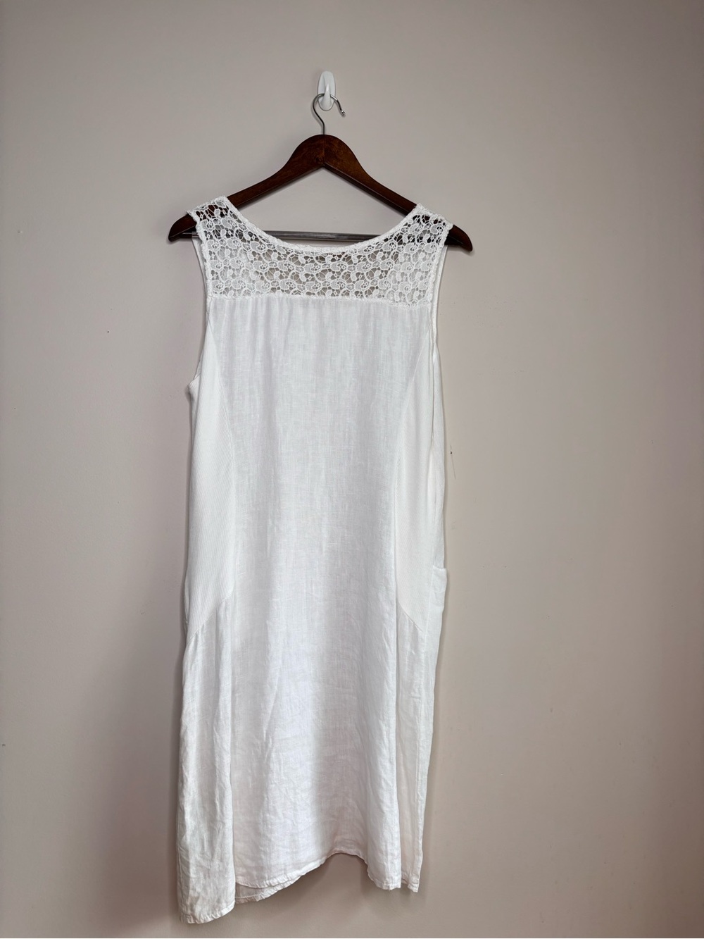 Lina Tomei White Linen Sleeveless Dress Lace Yoke Pockets Medium - Picture 3 of 9